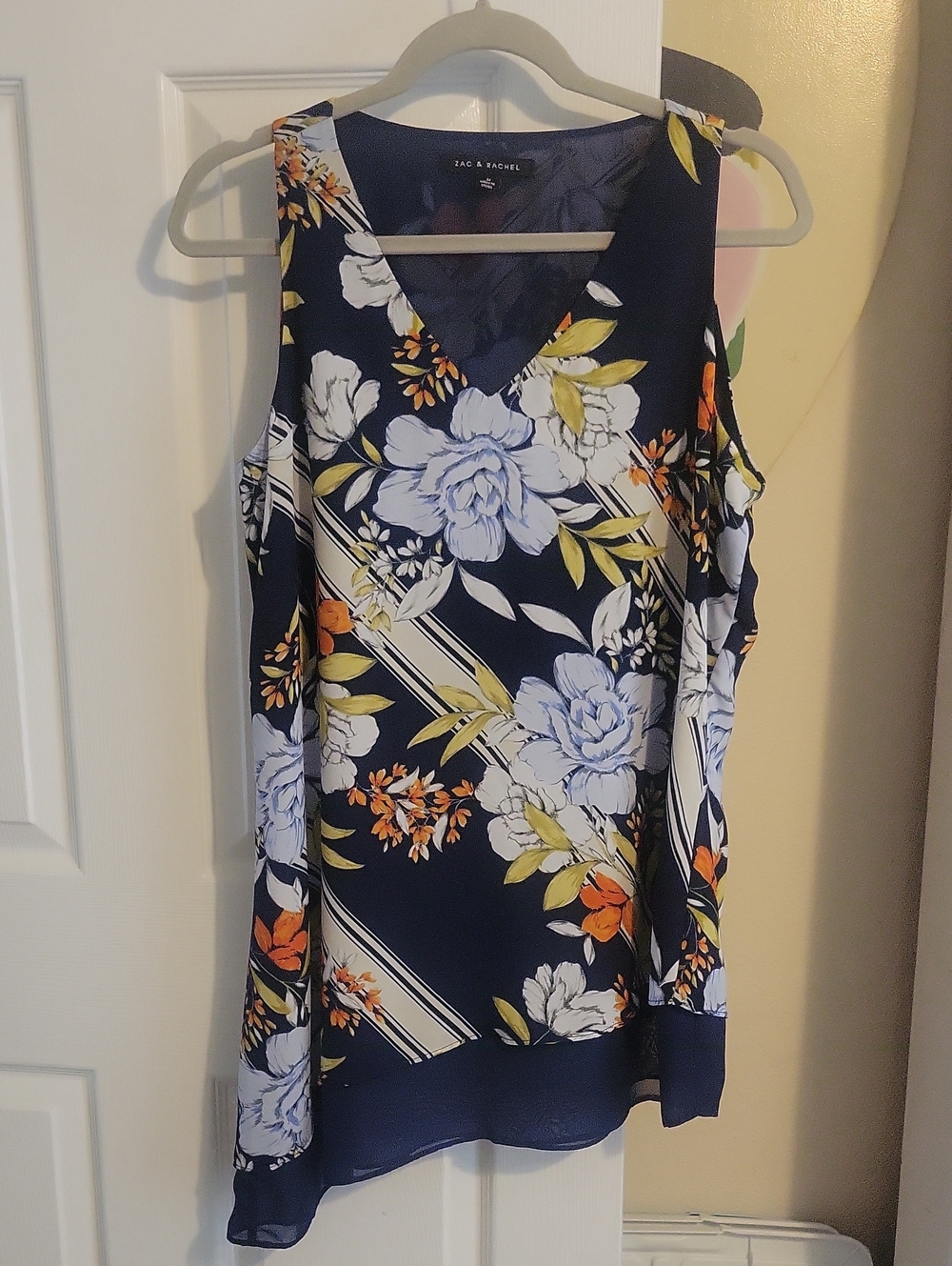 Zac & Rachel SzM Navy Floral V-Neck Tank with White, Orange, and Yellow Blooms